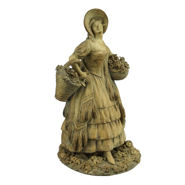 20th Century Terracotta Sculpture of Lady in 18th Century Clothes with a Basket of Flowers by G. Launeck, Austria, Early 1900s For Sale