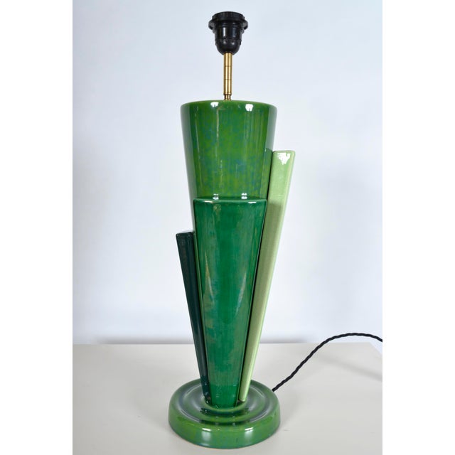 Metal Large Postmodern Green Ceramic Table Lamp attributed to Francois Chatain, 1980s For Sale - Image 7 of 18