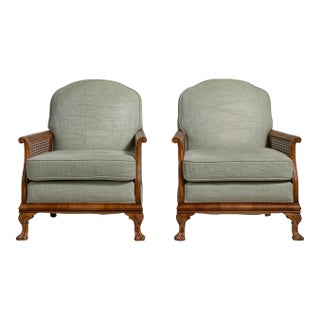 Mid 20th Century Pair of Eclectic Upholstered Armchairs with Rattan Accents For Sale