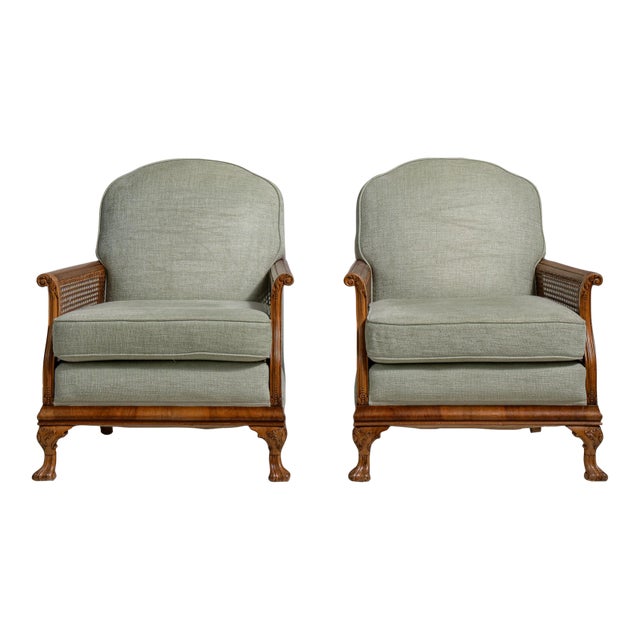 Mid 20th Century Pair of Eclectic Upholstered Armchairs with Rattan Accents For Sale