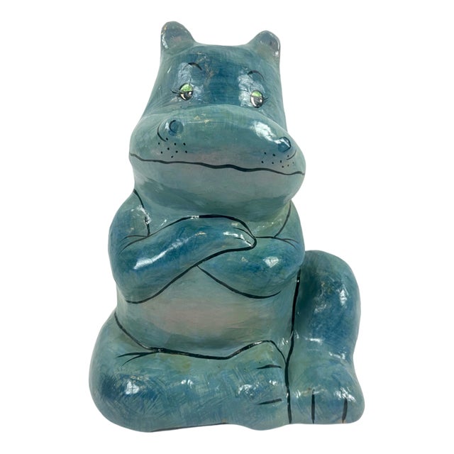 Vintage Hand-Painted Paper Mâché Seated Hippo, 1960s For Sale