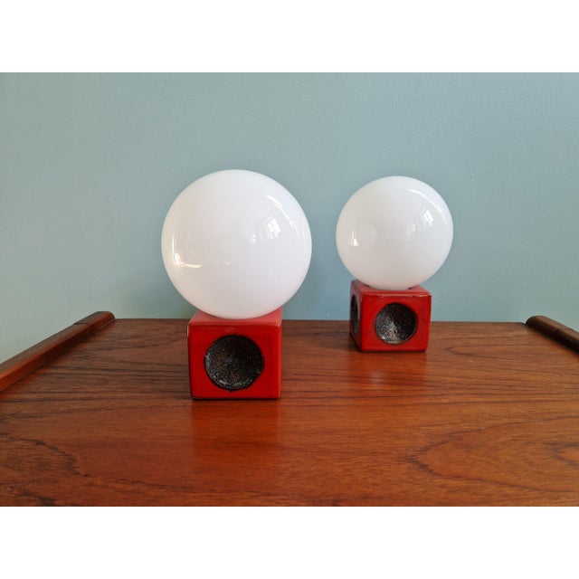 Mid-Century Modern Red Ceramic Bedside Lamps with Opaline Glass Globes, 1970s, Set of 2 For Sale - Image 3 of 14