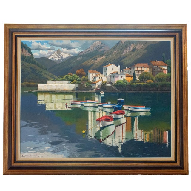 Acrylic on canvas by Spanish artist Ramon Pujol (b. 1947, Olot, Spain), signed lower left. This large-scale harbor scene...