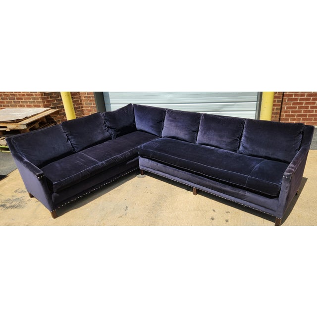 Contemporary Lillian August Blue Velvet Two-Piece Sectional Sofa For Sale - Image 3 of 9