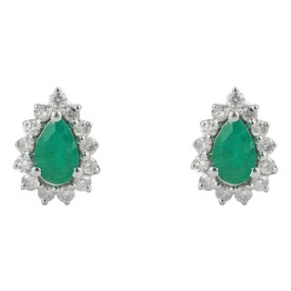 Vintage Style Pear Cut Emerald Diamond Halo Studs in Sterling Silver, a Pair For Sale