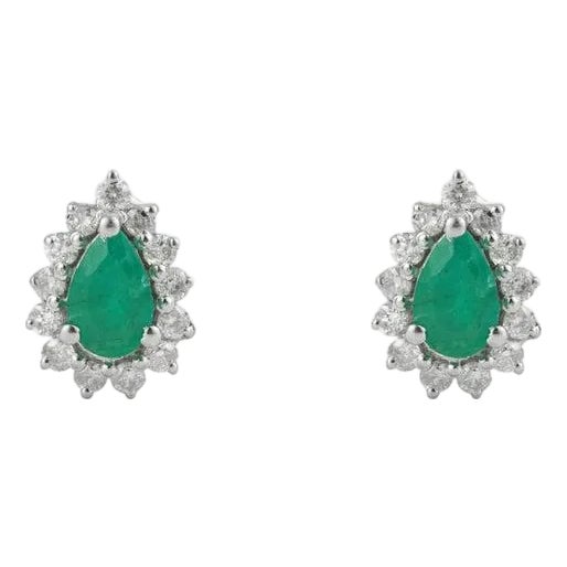 Vintage Style Pear Cut Emerald Diamond Halo Studs in Sterling Silver, a Pair For Sale