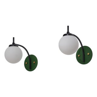 Italian Curved Wall Sconces with Opaline Globes and Green Backplates, 1950s, Set of 2 For Sale
