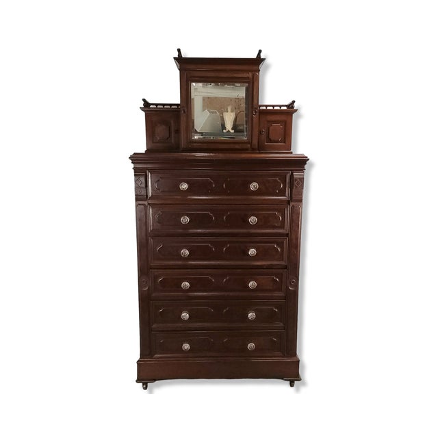 Farmhouse Kimbel & Cabus Gothic Revival Walnut Tall Chest With Mirror 84" For Sale - Image 3 of 18