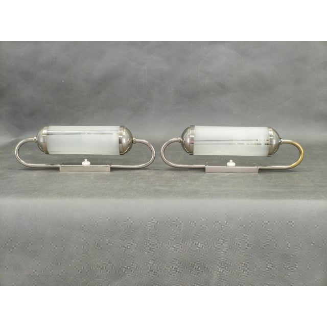 Art Deco Nickel and Glass Wall Lights, 1930s, Set of 2 For Sale - Image 3 of 12