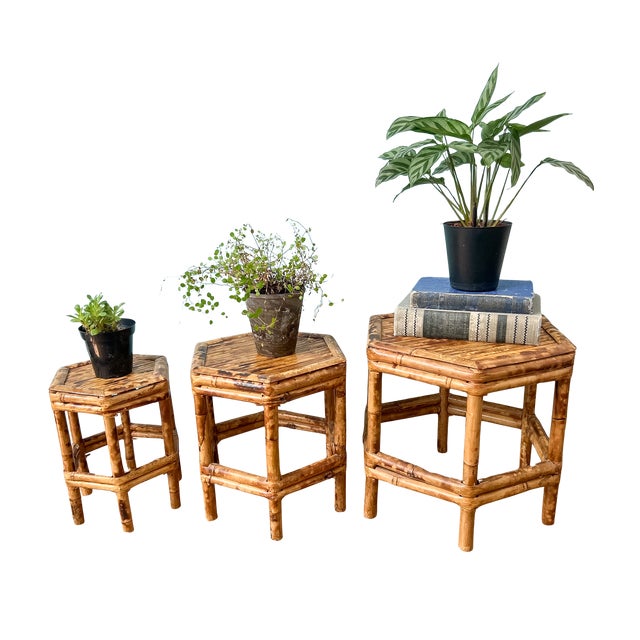 Charming set of three vintage bamboo plant stands featuring a graduated design and hexagonal tops. Crafted from natural...