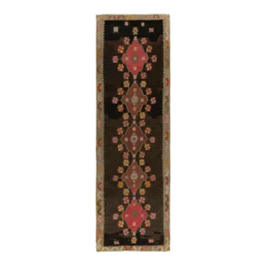 Vintage Kurdish Kilim Rug With Pink Medallions on Beige-Brown