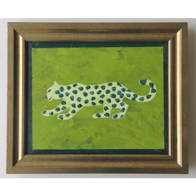 Contemporary Leopard Spotted Folk Art Minimalism Abstract Green Original Oil Painting by Cleo Plowden For Sale - Image 3 of 3