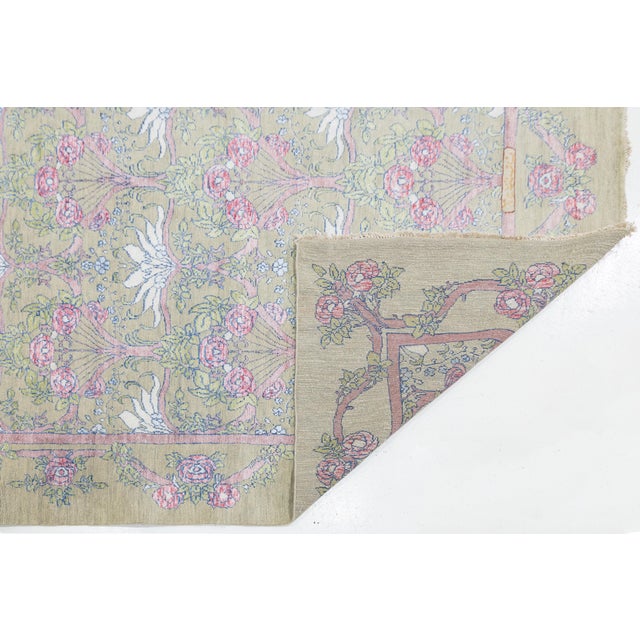 Art Nouveau Modern Art Nouveau Inspired Floral Wool Area Rug in Pastel Sage and Rose Pink For Sale - Image 3 of 11