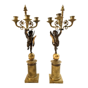 19th Century French Empire Bronze Cherub Candelabras - a Pair