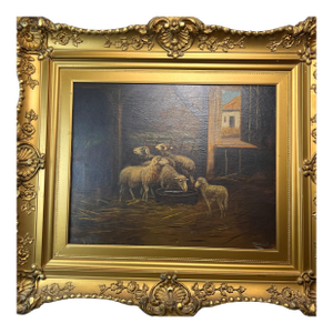 Antique Signed Durant Oil on Canvas “Sheep in Barn”Painting With Gold Gilt Frame