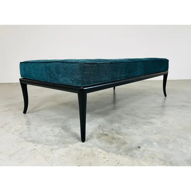 Mid-Century Modern t.h. Robsjohn-Gibbings Teal Blue Velvet Sabre Leg Bench by John Widdicomb For Sale - Image 3 of 10