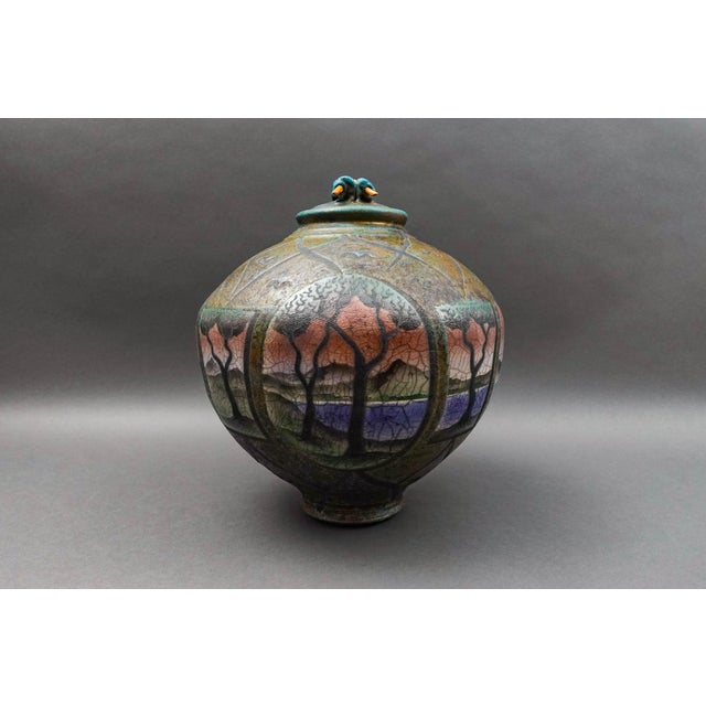 Gorgeous Ken Jensen 1998 Signed Large Landscape Scene Raku Studio Art Pottery Covered Vessel Pot Jar. Measures...