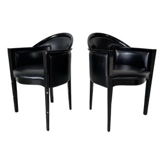 1980’s Italian Art Deco Postmodern Black Lacquer & Leather Club Chairs – Pair For Sale