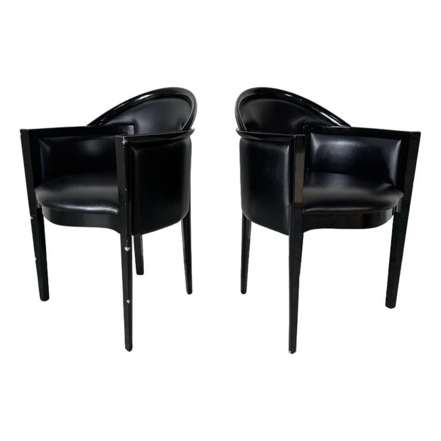 1980’s Italian Art Deco Postmodern Black Lacquer & Leather Club Chairs – Pair/ Sold For Sale