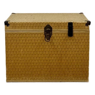 Vintage Blonde Woven Wicker Chest, Brass Clamp Hardware Storage, Coastal Trunk For Sale