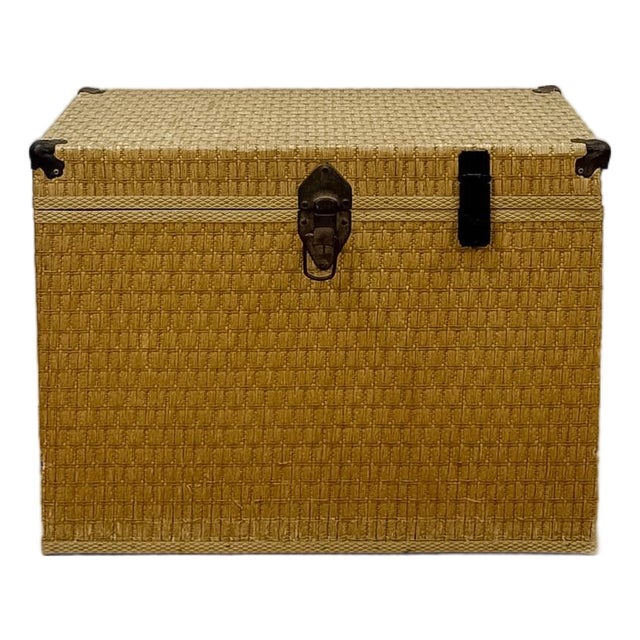 Vintage Blonde Woven Wicker Chest, Brass Clamp Hardware Storage, Coastal Trunk For Sale
