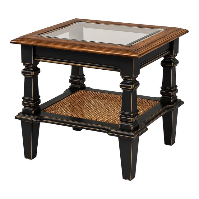 Vintage Barker Bros. Onyx Black & Satin Walnut Glass Top End Table With Cane Shelf For Sale