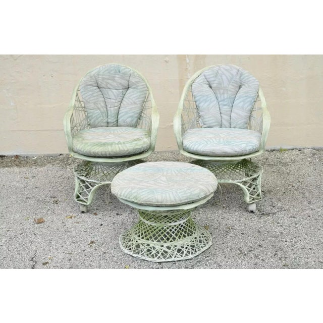Mid 20th Century Russell Woodard Woven Spun Fiberglass Swivel Rolling Club Lounge Chairs & Ottoman For Sale - Image 12 of 12