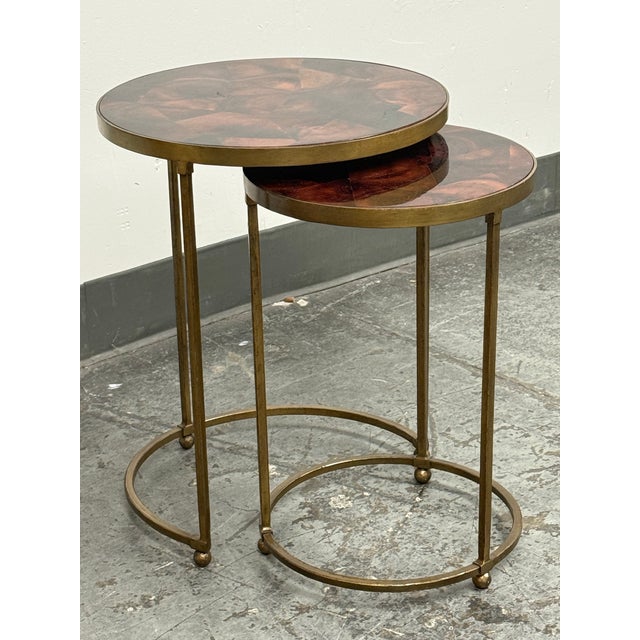 Contemporary Vintage Penn Shell Mosaic Top + Metal Nesting Tables, Pair For Sale - Image 3 of 12