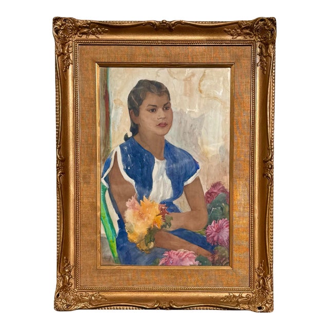 Early 20th Century Henri De Kruif Antique Watercolor Portrait of Woman With Flowers W/ Ornate Gold Frame For Sale