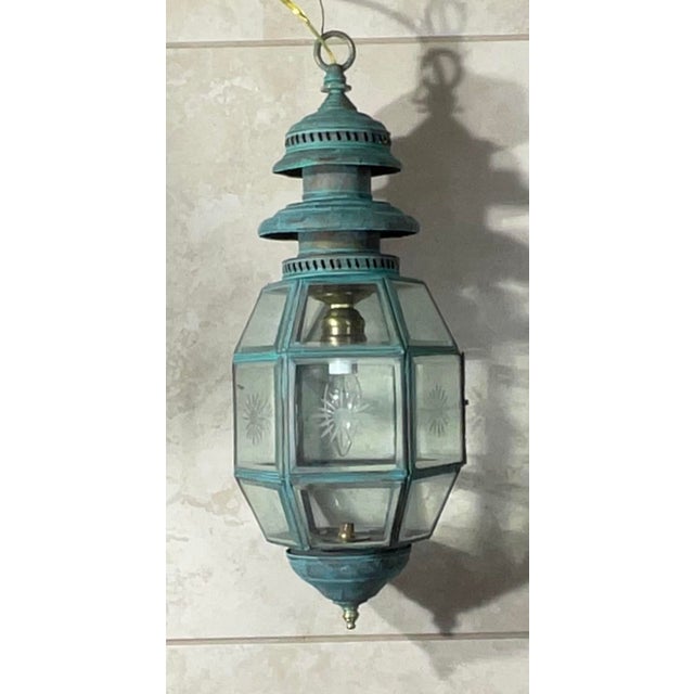 American Antique English Solid Brass & Glass Starburst Hanging Lantern - Pendant For Sale - Image 3 of 15
