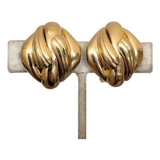 Vintage Signed Givenchy Modernist Goldtone Clip Earrings-2 Pieces For Sale
