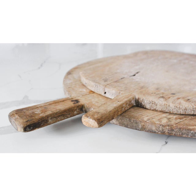 Pair of large European rustic bread charcuterie cheese boards, perfectly sized for stacking and styling. Much time-worn...