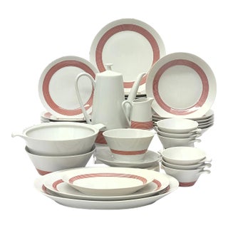 Classic Mid-Century White Porcelain Dinner Set With Red Pin-Stripe Motif by Schonwald Germany - Place Settings for 6 / 33 Pieces For Sale