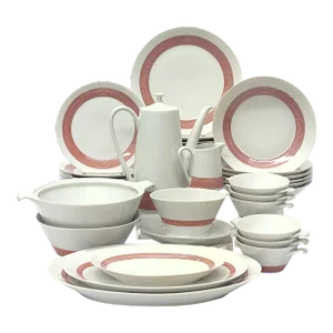 Classic Mid-Century White Porcelain Dinner Set With Red Pin-Stripe Motif by Schonwald Germany - Place Settings for 6 / 33 Pieces
