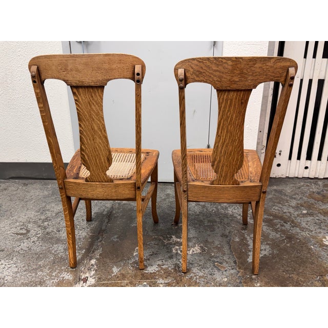 Late 20th Century Limbert Style Oak Cane Side Chairs, Vintage Pair For Sale - Image 5 of 12
