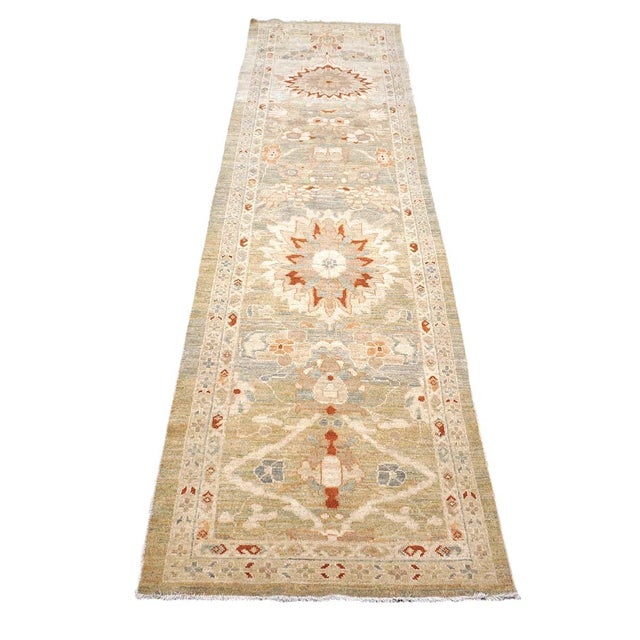 Traditional Persian Sultanabad Wool 3x12 Khaki, Slate, & Rust Handmade Runner Rug #1142113 For Sale - Image 3 of 13