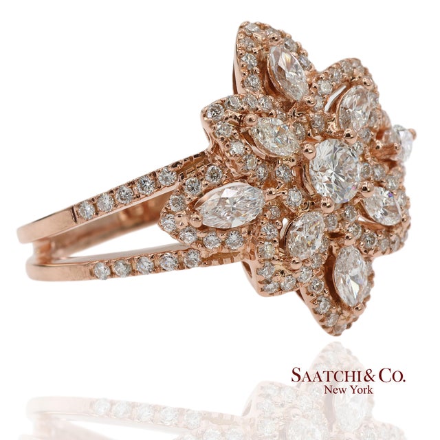 Contemporary 18k 750 Solid Rose Gold Floral Natural Diamond Ring, Size 7 For Sale - Image 3 of 13