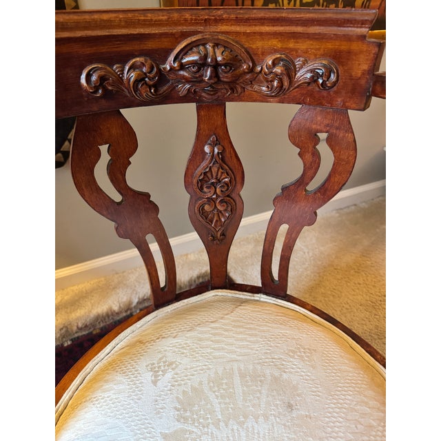 Antique Victorian Barrel Tub Chair | Green Man Carved Crest | Reupholstery Project | C. 1870–1880 For Sale - Image 4 of 10