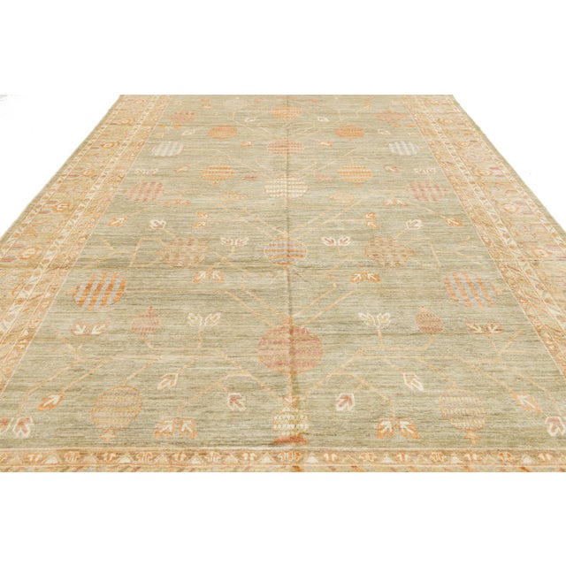 Artisan Sage & Terracotta Hand-Knotted Khotan Pomegranate Wool Rug 10x14 For Sale - Image 9 of 11