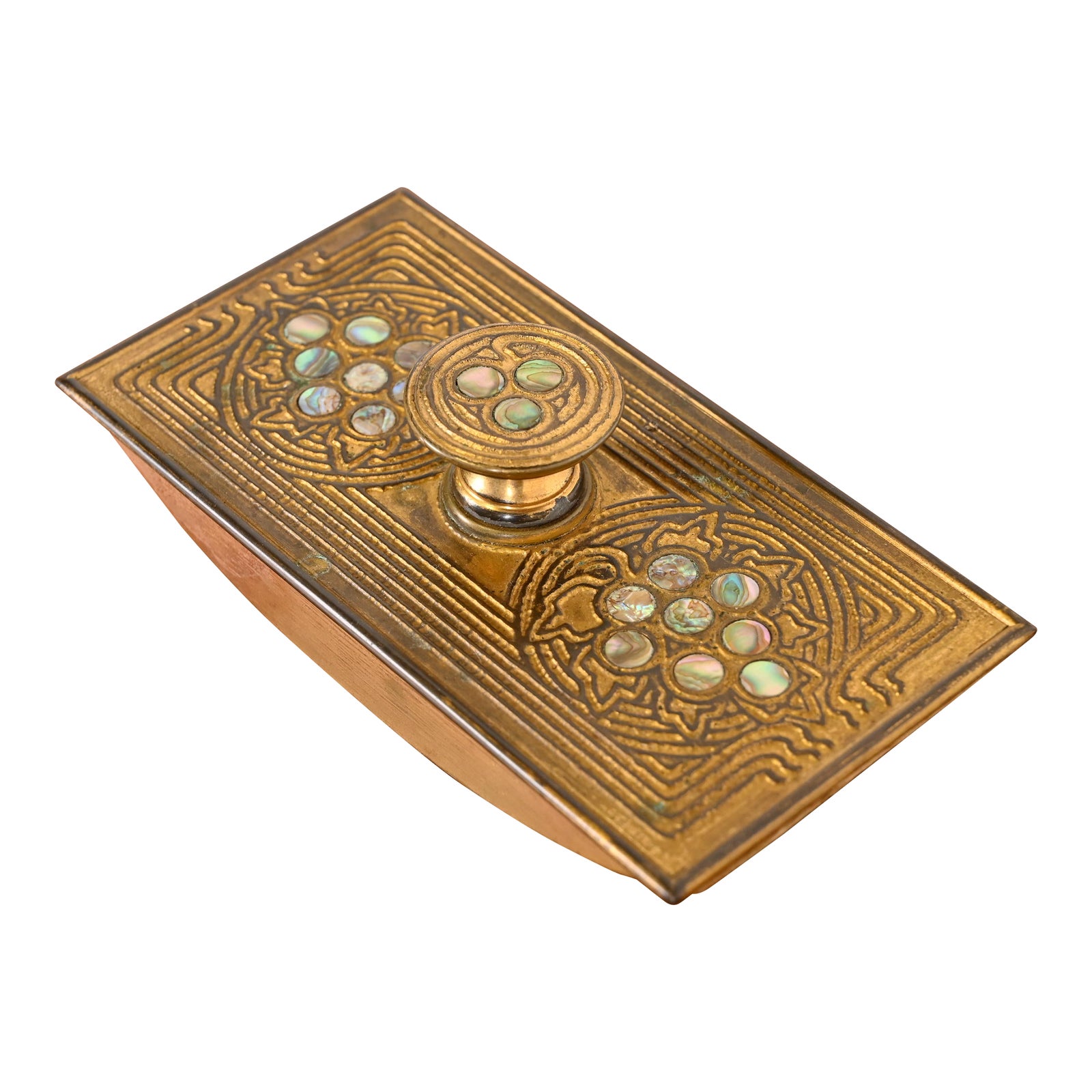 Tiffany Studios New York Bronze Doré and Abalone Rocker Blotter | Chairish