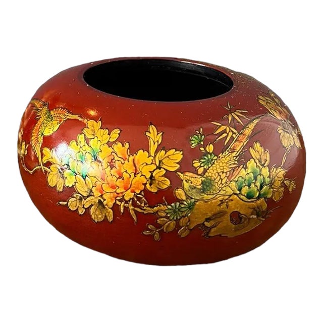 1930s Antique Japanese Hand Painted Wooden Vase For Sale