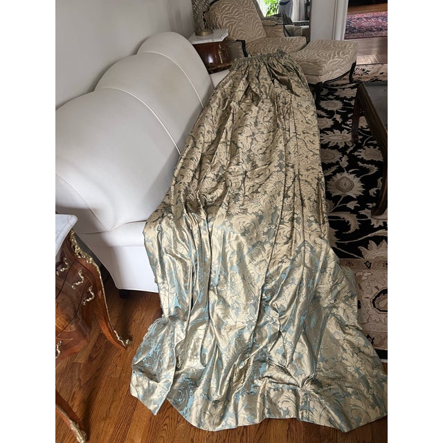 Eight (8) panels high-end gorgeous custom classic traditional heavy drapery. Gold damask on a beautiful pale blue/green...