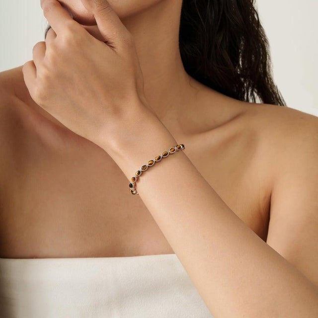 Retro Tiger’s Eye Tennis Bracelet in Sterling Silver for Her For Sale - Image 6 of 13