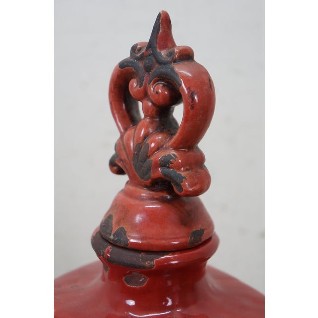 Ceramic JCPenney Imax Distressed Red Ceramic Lidded Mantel Vase Urn Bottle 18" For Sale - Image 7 of 14