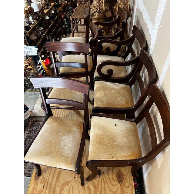 Collection of Mid Century Wooden Dining Chairs With Yellow Cushions- Set of 8 With 2 Captains Chairs For Sale - Image 4 of 5