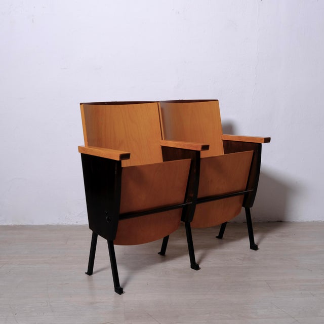 Two-Seater Cinema Armchair Bench in Numbered Two-Tone Wood, 1960s For Sale - Image 4 of 18