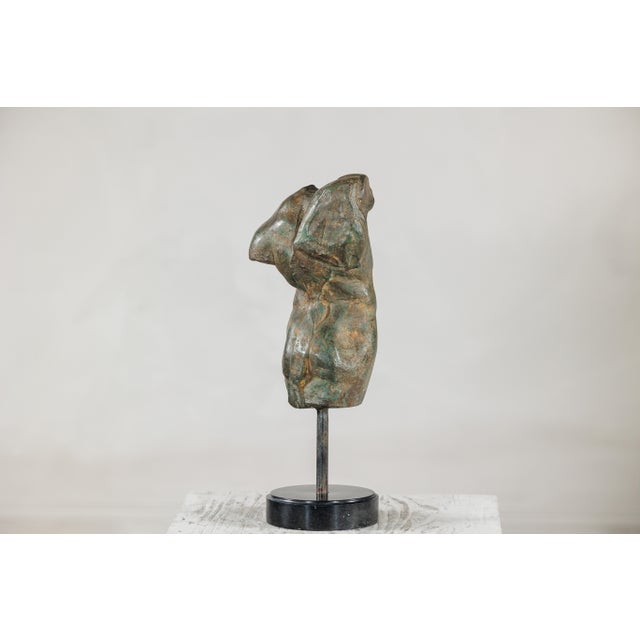 Late 20th Century Late 20th Century Small Male Torso Bronze Sculpture on Circular Marble Base For Sale - Image 5 of 15