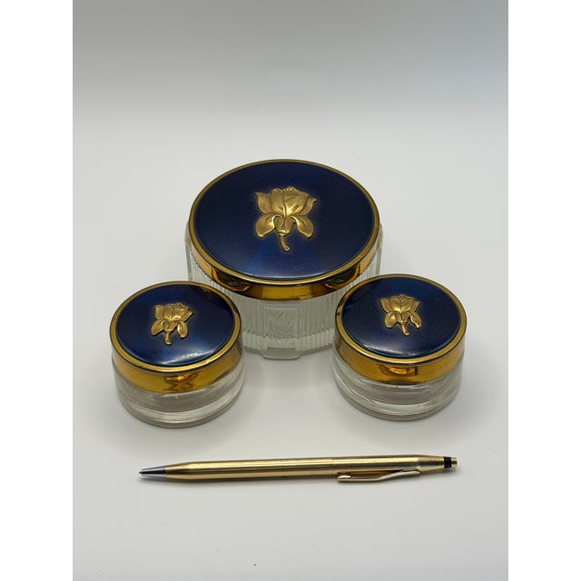 1990s Vintage American Beauty Blue & Gold Vanity Jar Set – Floral Glass Trinket Boxes, Set of 3 For Sale - Image 5 of 5