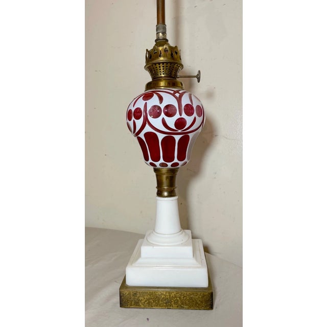 Modern Antique Boston Sandwich Glass Cut to Clear Cranberry White Electrified Oil Lamp For Sale - Image 3 of 15