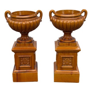 Monumental Glazed Ceramic Campana Urns on Pedestals 42" a Pair For Sale
